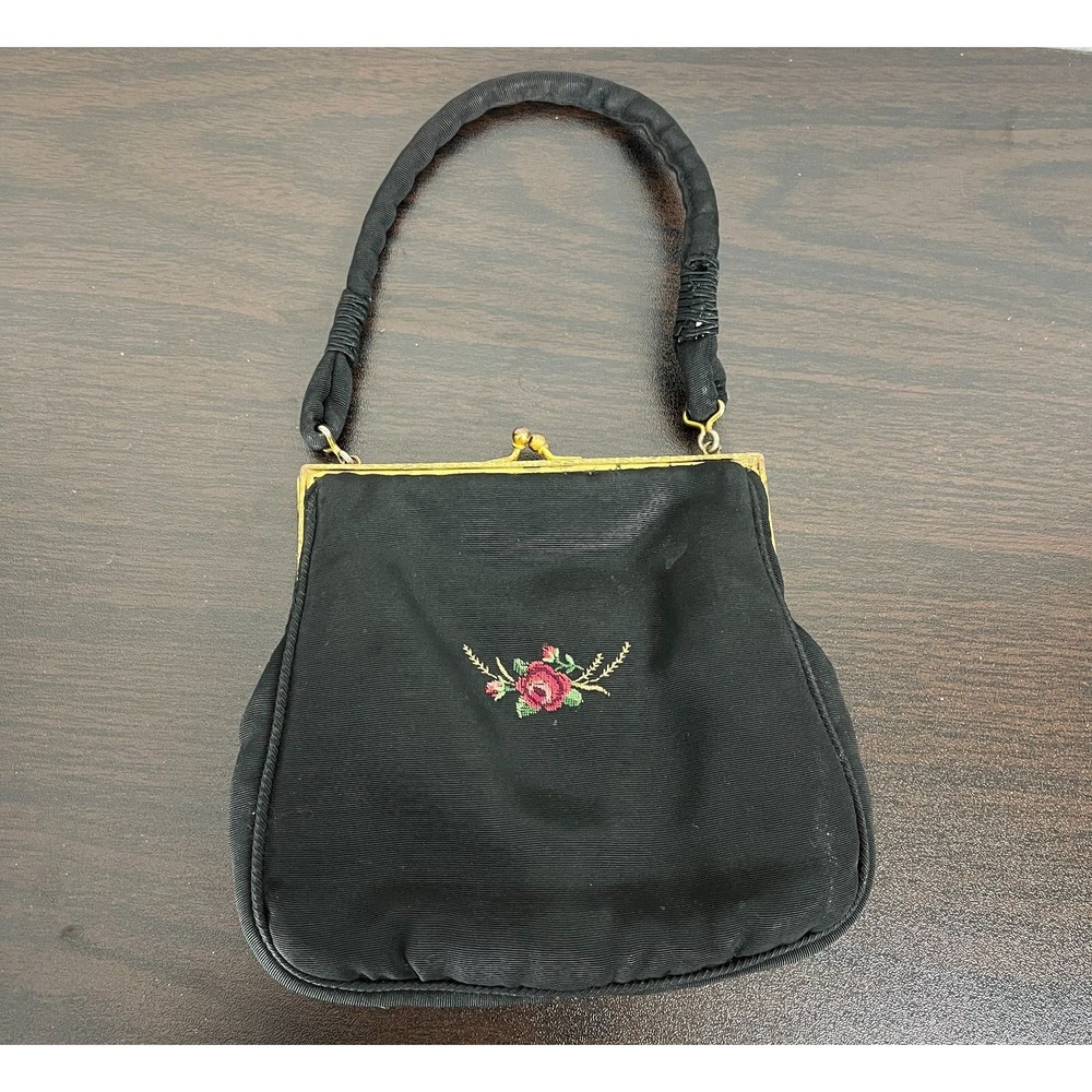 Vintage 1950s‎ Floral Embroidered Kisslock Purse Evening Bag Black Switzerland